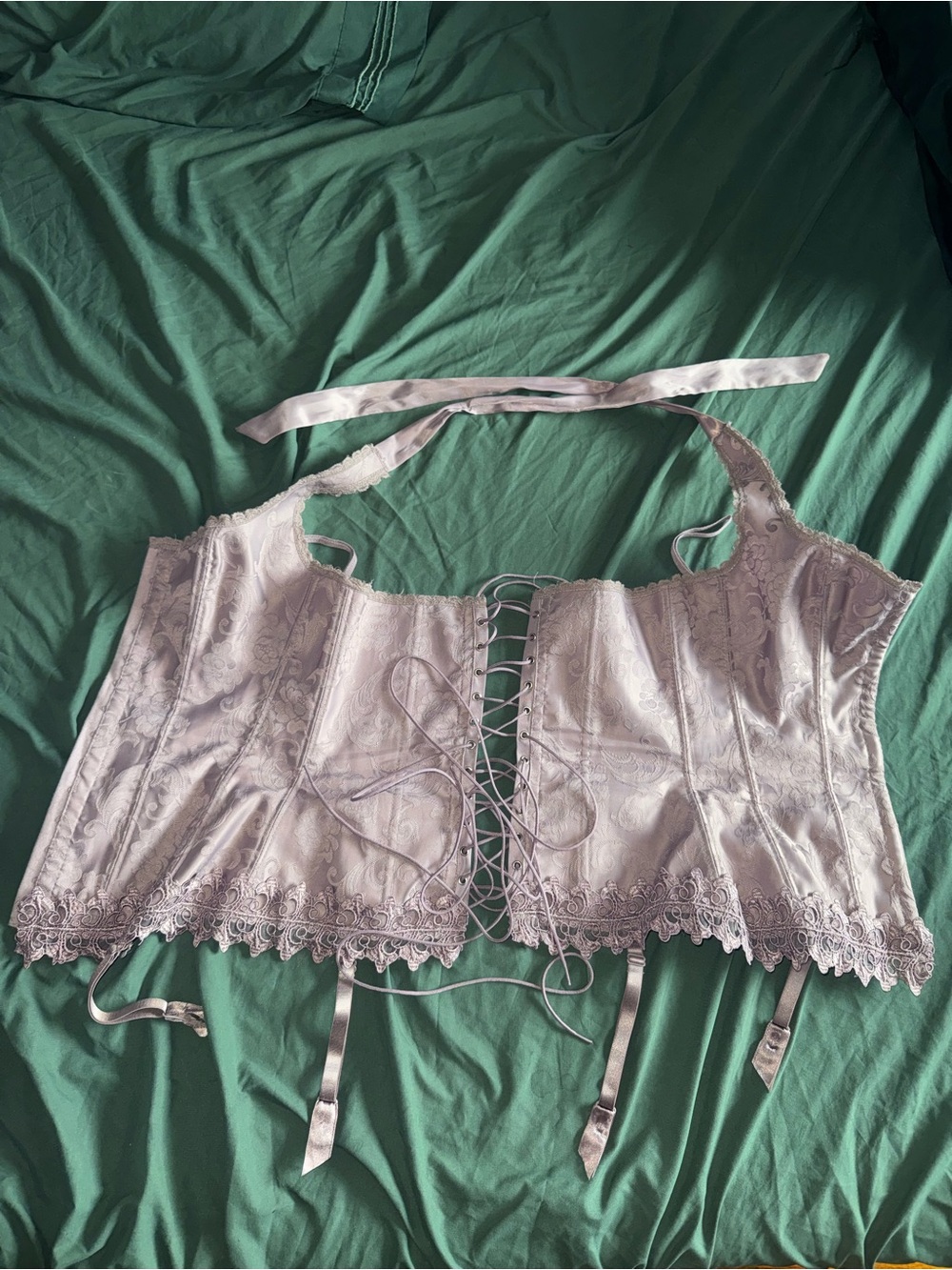 Frederick's of Hollywood Vintage Lavender Satin Lace-Up Corset Top size 34